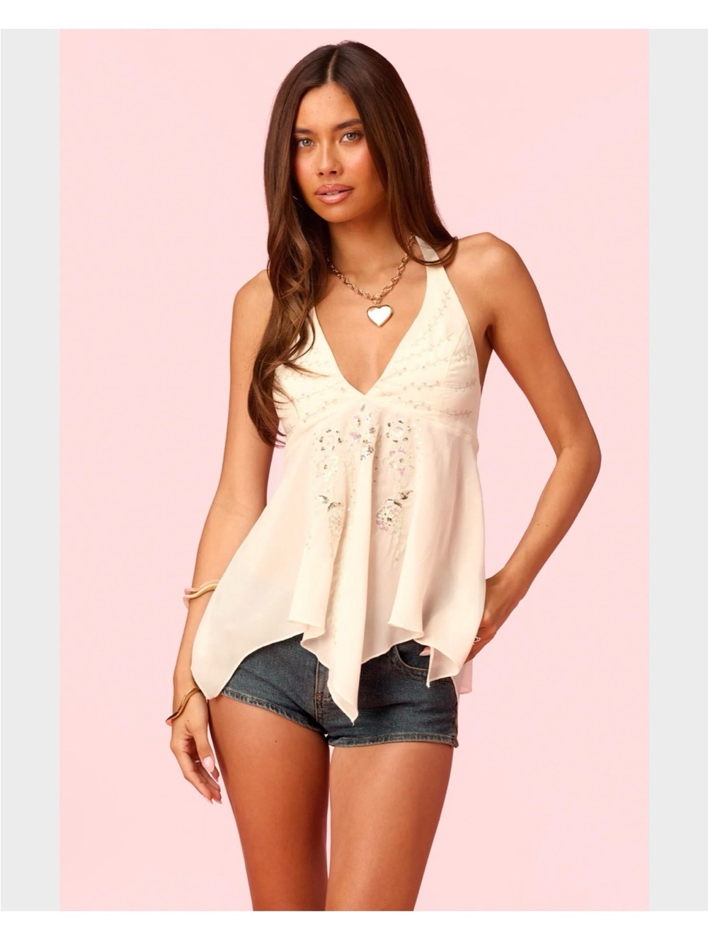Edikted Barbie™ Sequin Chiffon Handkerchief Top